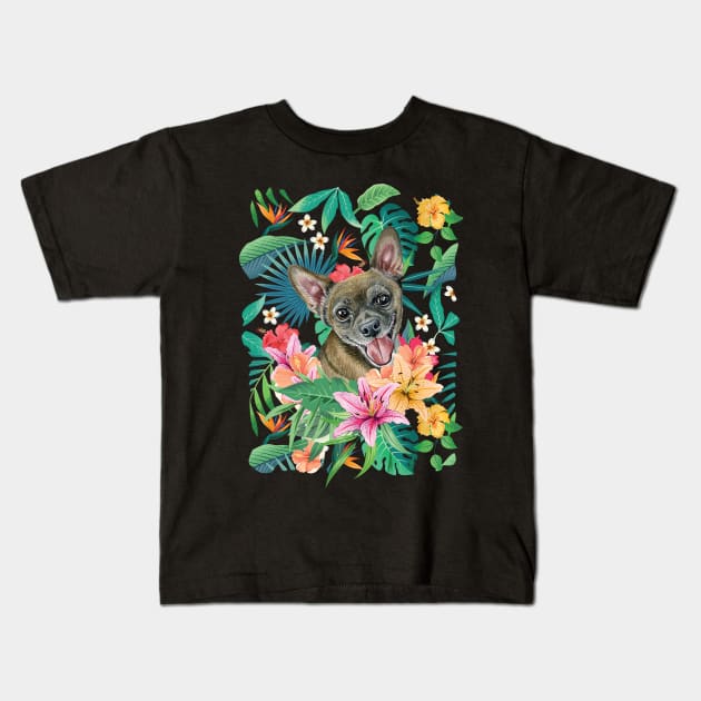 Tropical Short Haired Black Sable Fawn Chihuahua Kids T-Shirt by LulululuPainting